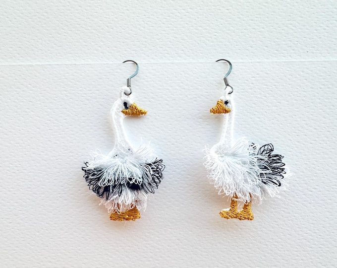 Cute Fluffy Goose earrings charm necklace pendant FSL freestanding lace machine embroidery designs kids girls pretty fringed geese bird