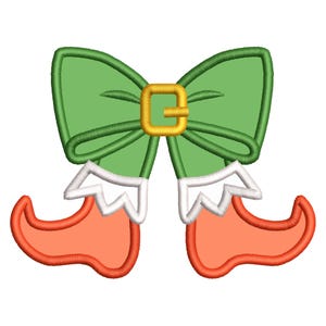 May include: A festive design featuring a green bow with a gold buckle, and elf shoes in orange with white trim. The design is likely for holiday-themed crafts or decorations.
