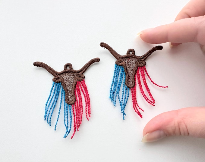 Longhorn Cow lace earrings charm pendant FSL freestanding lace machine embroidery designs Farm Bull Cowgirl dangle earrings in the hoop