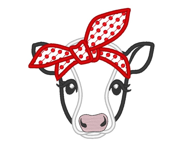 Cow face, cow head, cow with bandanna Polka dot Farm, cow applique, little cow handkerchief machine embroidery applique designs