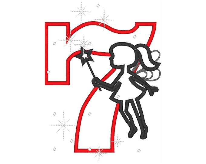 Little fairy silhouette applique Birthday applique number 7, Fairy numbers applique designs, machine embroidery