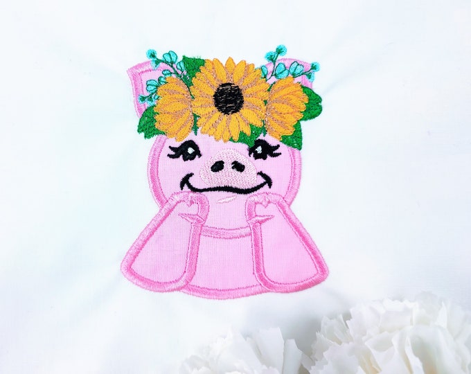 Sunflower Piggy girl, Ms Pig Piggie with fall autumn sunflower floral crown, Thanksgiving fall flower machine embroidery designs many sizes