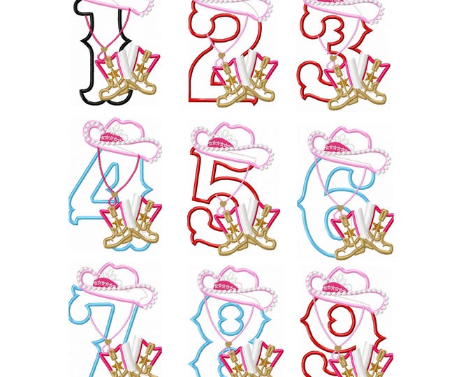 Girly Cowboy Birthday numbers 1-9 machine embroidery applique designs for hoop 5x7 cowgirl baby hat boots farm girl INSTANT DOWNLOAD