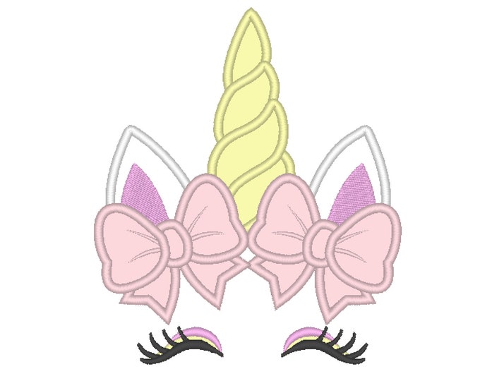 Pretty eyes Unicorn head with shabby chick bows machine embroidery design applique Rainbow unicorn embroidery unicorn face