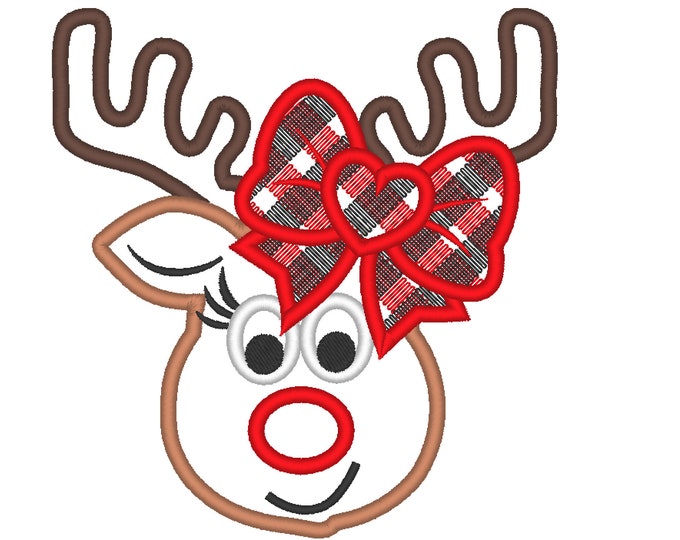 Reindeer with Bow applique Merry Christmas machine embroidery design Gingham plaid antlers for hoop 4x4 5x7 6x10 Cute Deer Reindeer Girl