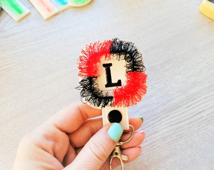 Key fob snap tab fluffy frame Monogram alphabet initial letters from A up to Z in the hoop ITH keychain bag tag machine embroidery designs