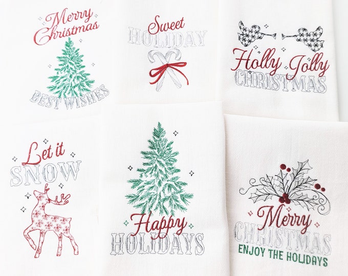 Merry Christmas light stitch old fashioned classic Happy Holidays Kitchen dish towel quote saying SET of 6 machine embroidery designs 5x7