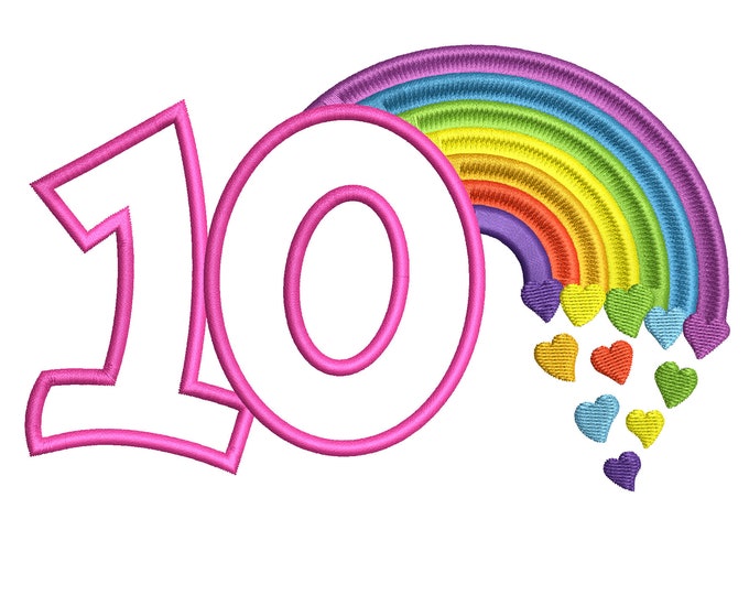 Cute Rainbow Birthday Number 10 TEN machine embroidery applique designs size 4, 5, 6 and 7 inches, rainbow baby birthday number 10