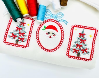 Christmas Tree and Santa Trio lace Frame and Bow machine embroidery designs sizes 7 up to 10 inch holidays festive tshirt home decor design