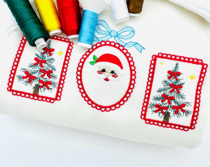 Christmas Tree and Santa Trio lace Frame and Bow machine embroidery designs sizes 7 up to 10 inch holidays festive tshirt home decor design