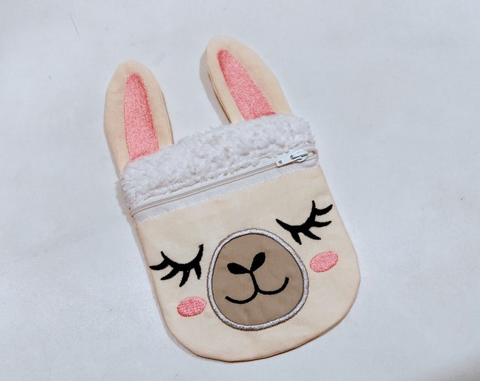 Llama zipper bag In the hoop ITH Llama head Lama face Pouch ITH bag zip purse machine embroidery design In-The-Hoop kids alpaca zipper pouch