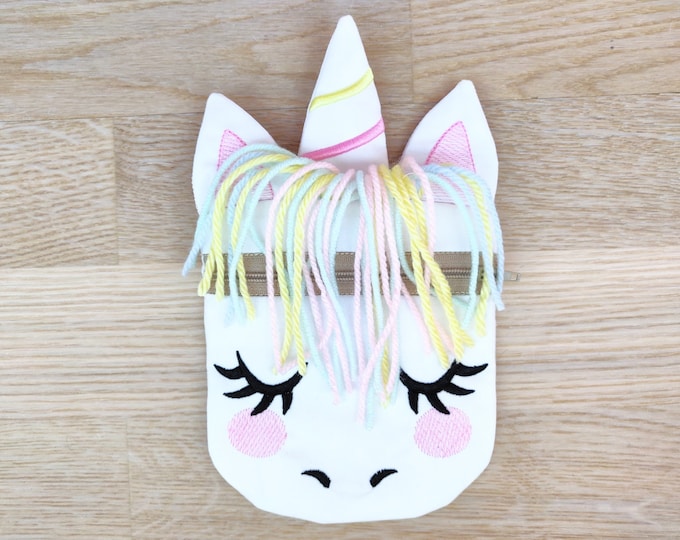 Style it Unicorn zipper bag In the hoop, ITH Unicorn head  Pouch ITH bag, zip bag machine Embroidery design In-The-Hoop