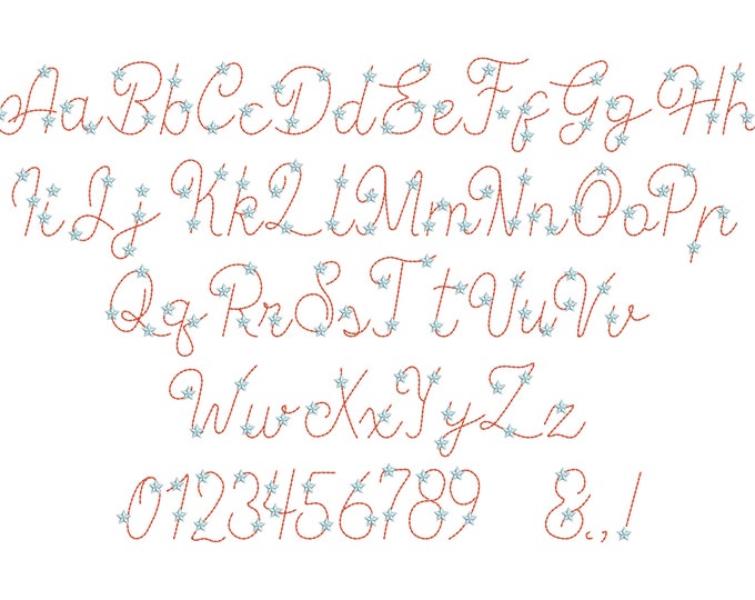 Hand stitch effect Starry FONT machine embroidery designs in assorted sizes 2, 2.4, 3, 3.8, 4.6 inches script alphabet monogram kids BX incl