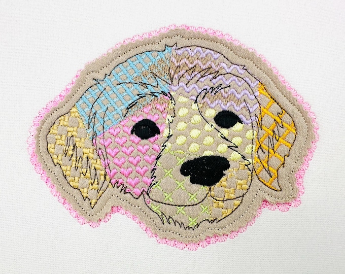 Labrador Golden Retriever Applique Patchwork and Lace Edge patterned Puppy pet machine embroidery designs sizes 4 up to 8 inches dog outline