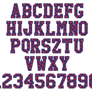 May include: A blue and red alphabet with a star pattern. The letters are in a bold, blocky font. The numbers 1 through 9 and 0 are also included.