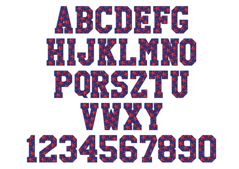 May include: A blue and red alphabet with a star pattern. The letters are in a bold, blocky font. The numbers 1 through 9 and 0 are also included.