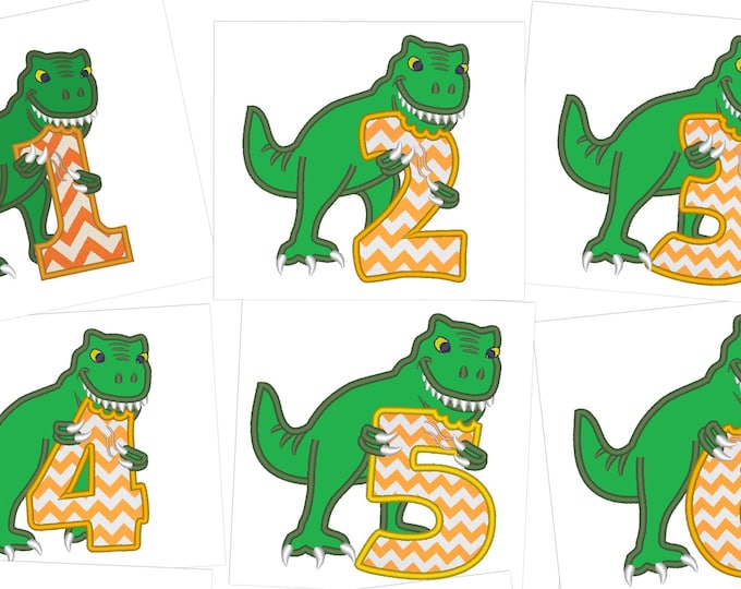 T-rex dinosaur Birthday numbers set 1-6 applique machine embroidery designs kids Birthday outfit, for hoop 4x4, 5x7, 6x10 INSTANT DOWNLOAD