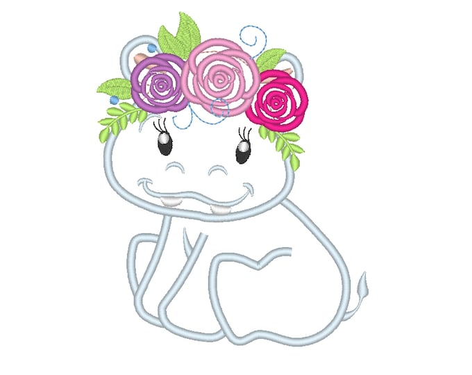 Hippo Baby  with flowers floral crown roses Applique Design Baby Hippo machine embroidery applique designs 4x4 5x7