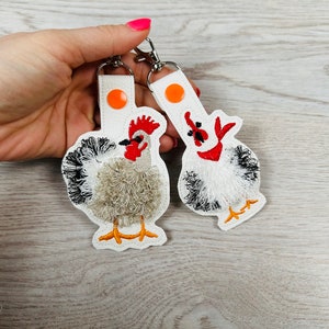 Chicken Key Card Fringed Chicken Key Fob Snap Tab SET of 2 Chicken Keychain in the Hoop ...