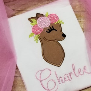Little Baby deer Fawn head with flowers floral crown roses Applique Design Baby Deer machine embroidery applique designs 4x4 5x7 6x10