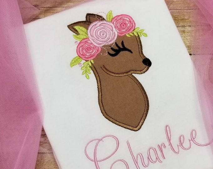 Little Baby deer Fawn head with flowers floral crown roses Applique Design Baby Deer machine embroidery applique designs 4x4 5x7 6x10