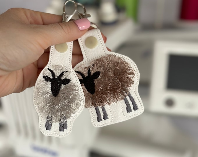 Fringed Goat key fob snap tab SET of 2 Fluffy Goat keychain in the hoop machine embroidery designs ITH project Farm animal fluffy fuzzy Goat