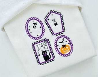 Halloween Dancing Skeleton Kitty Cat Little Ghost and Pumpkin Set of 4 machine embroidery designs mini sizes 2 up to 4 in kids scary spooky