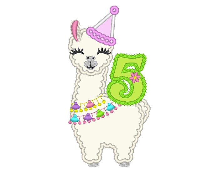 Number 5 Five birthday Llama alpaca Birthday hat outfit llama with number Applique Design lama machine embroidery designs 5x7 6x10