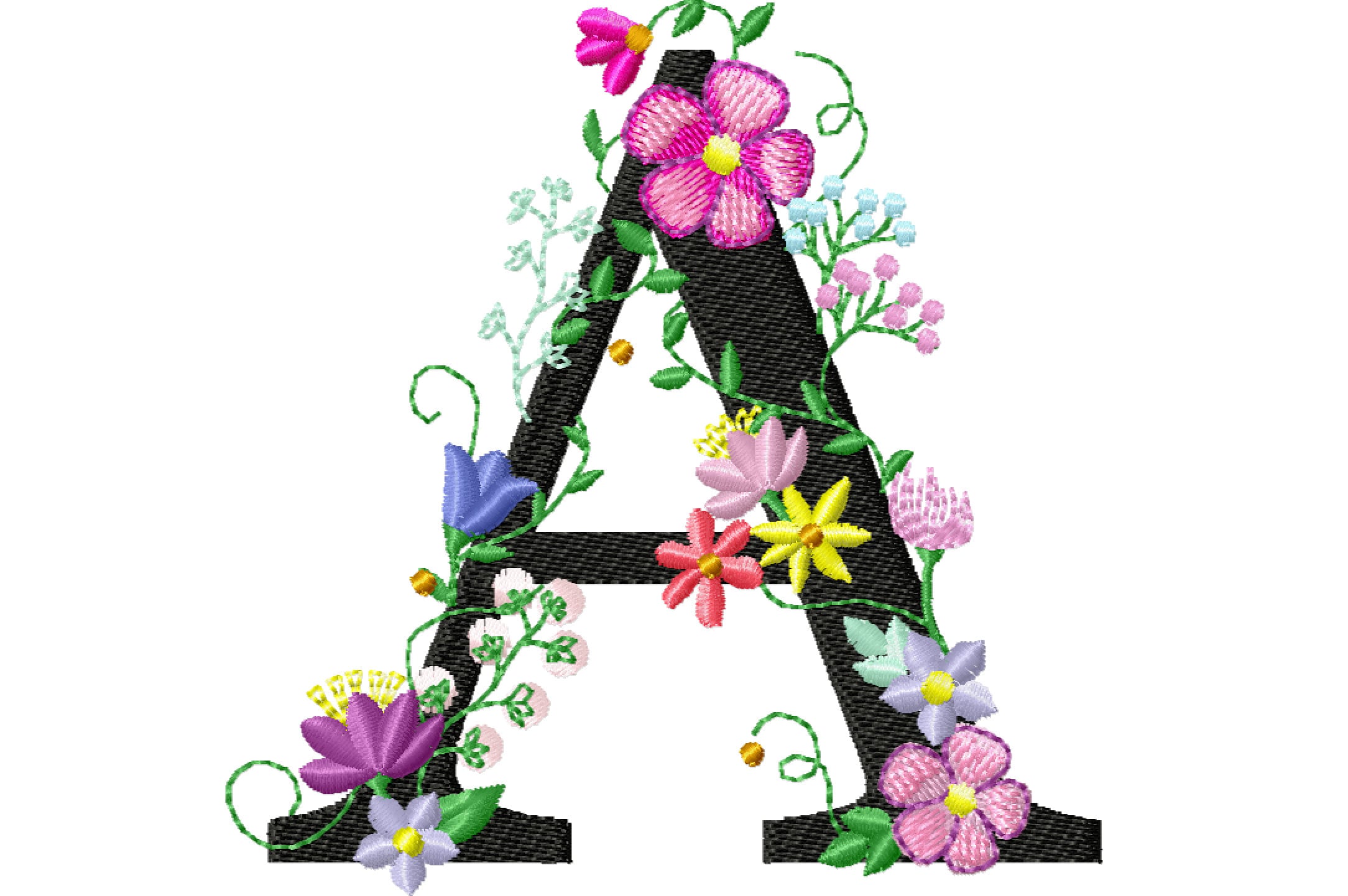 Floral letter A garden flag monogram lace swirl flowers block font and