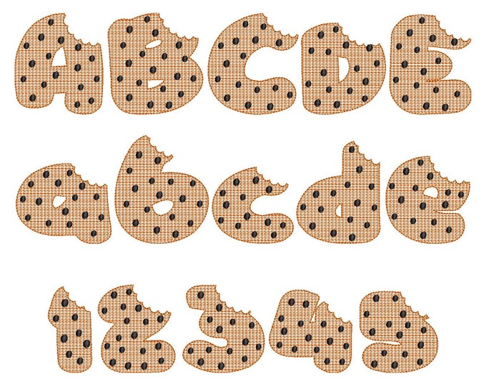 Bitten Cookie FONT with choco crisps light stitch alphabet machine embroidery designs assorted sizes, kids monogram chocolate cookies BX!