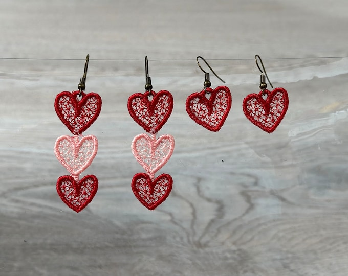 Cute Valentine Heart earrings SET of 2 types charm pendant FSL freestanding lace machine embroidery designs kids girl pretty earrings ITH