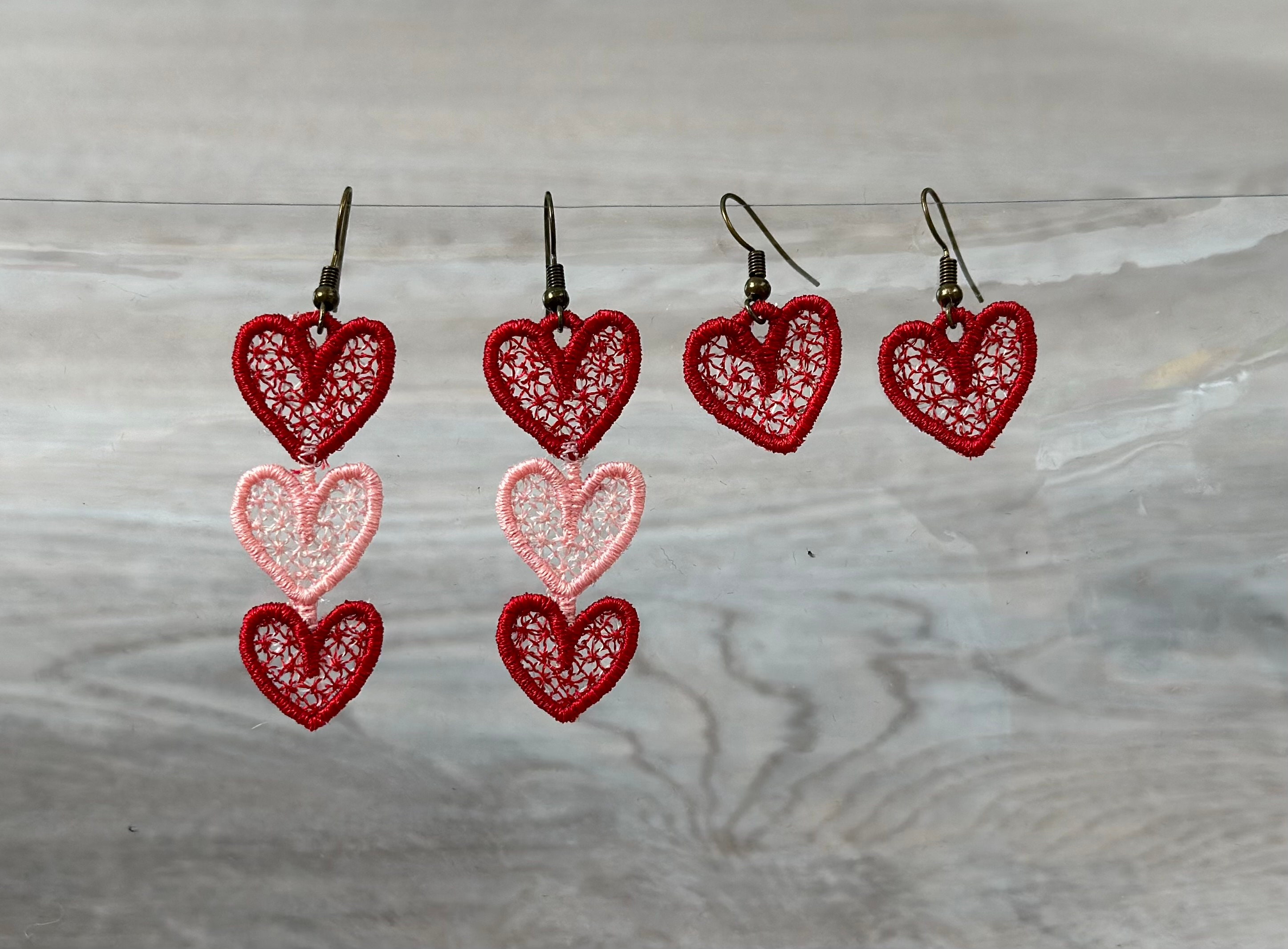 Cute Valentine Heart earrings SET of 2 types charm pendant FSL freestanding lace machine embroidery designs kids girl pretty earrings ITH