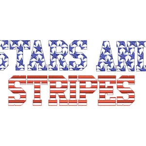 Puede incluir: Texto "Stars and Stripes" con un patrón de estrellas azules y rayas rojas y blancas.