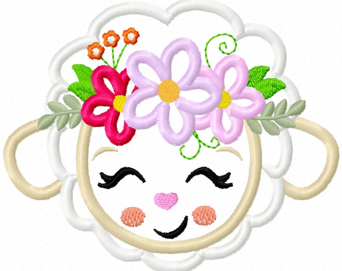 Little lamb, sheep applique face head with floral crown 3 flowers machine embroidery applique designs - multiple sizes for hoop 4x4 and 5x7