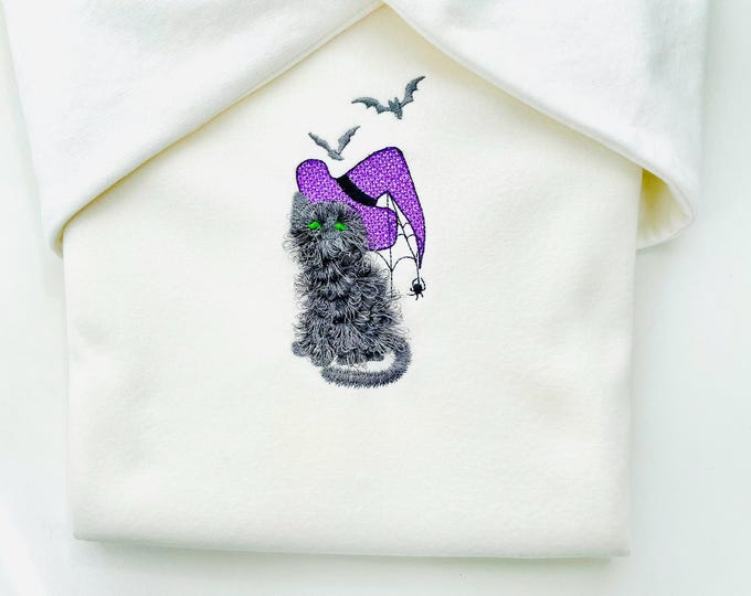 Halloween spooky Cat kitten kitty Witch Hat Fringed Fluffy Cat Fringe machine embroidery designs fuzzy fur kids design sizes 4 up to 6 inch