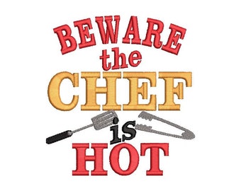 DISCOUNT 30 % Grill BBQ Beware Chef is HOT apron for men barbecue quote machine embroidery designs for towels aprons - awesome gift for him
