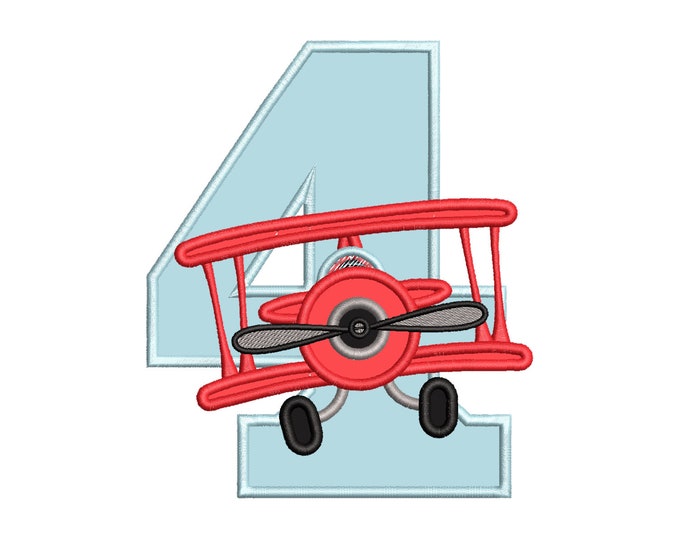 Airplane Birthday number FOUR 4 Applique machine embroidery designs kids boy baby Birthday outfit hoop 4x4, 5x7, 6x10 vehicle plane number