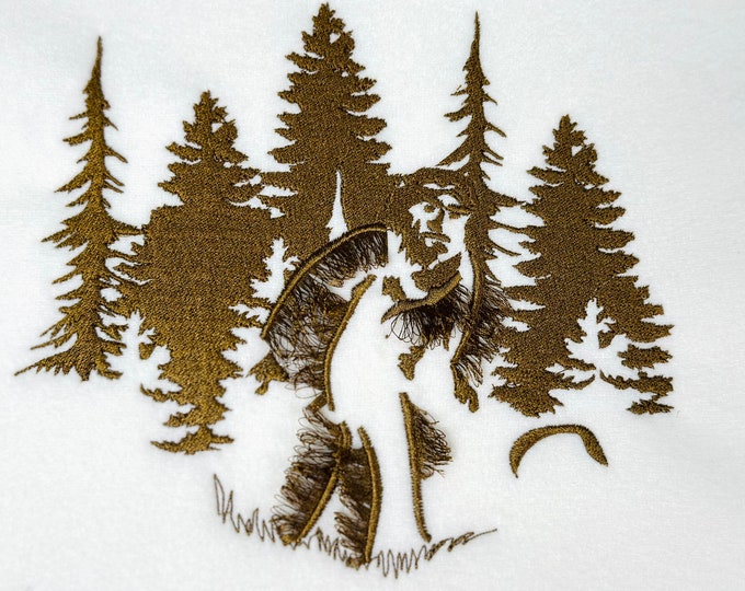 Bigfoot Yeti Sasquatch machine embroidery fringe elements filled machine embroidery designs sizes 6, 7 and 8 inch fun forest silhouette wild