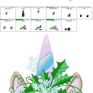 May include: A colorful embroidery design of a unicorn's head with a pink and blue horn, green holly leaves, and white snowflakes. The design is 3.89 inches by 3.79 inches and has 17,765 stitches.