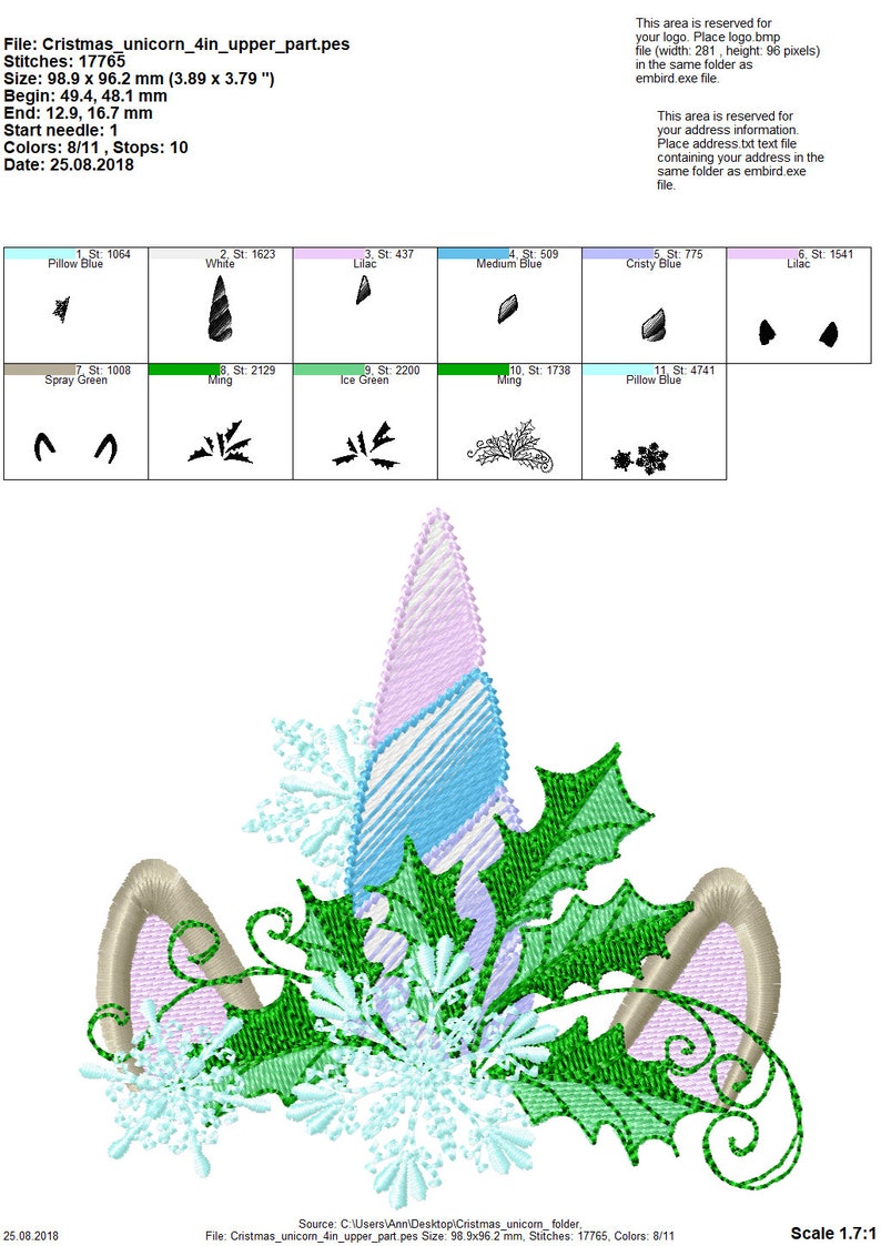 May include: A colorful embroidery design of a unicorn's head with a pink and blue horn, green holly leaves, and white snowflakes. The design is 3.89 inches by 3.79 inches and has 17,765 stitches.