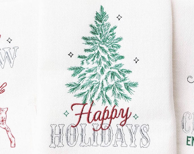 Happy Holidays - Light stitch old fashioned classic Christmas Kitchen dish towel quote saying machine embroidery design for hoop 5x7