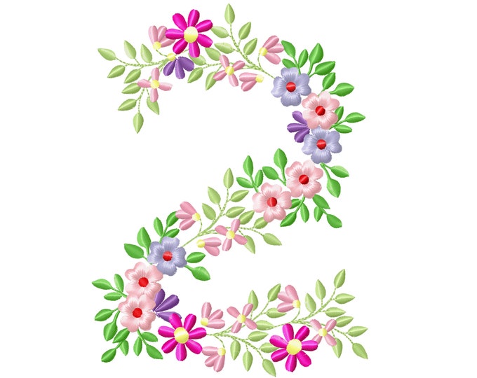 Country Floral birthday number 2 farm flowers number flower flowered Font machine embroidery designs number 2 TWO only 3.5, 4, 5, 6, 7, 8 in