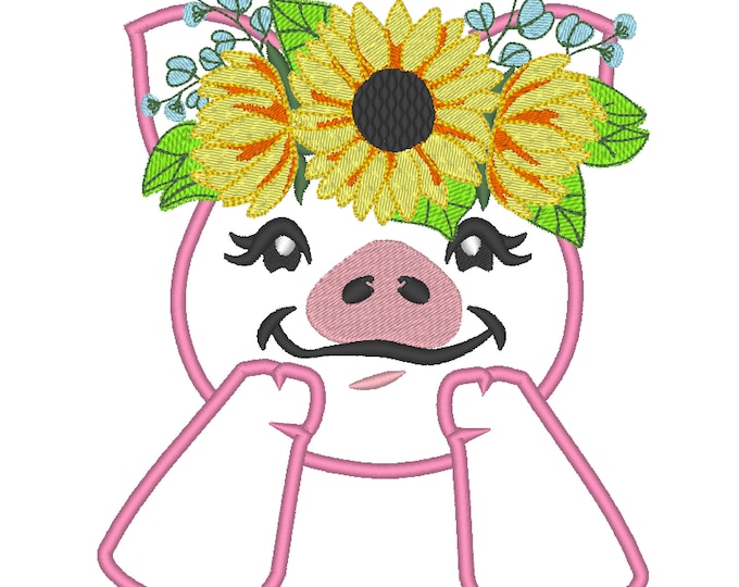 Sunflower Piggy girl, Ms Pig Piggie with fall autumn sunflower floral crown, Thanksgiving fall flower machine embroidery designs many sizes