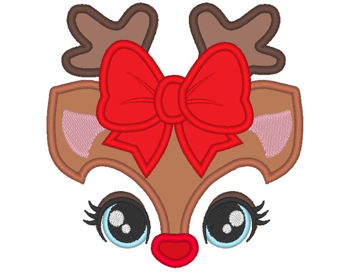 Cute Reindeer Christmas bow Machine Embroidery Applique Design Christmas Deer head with floral crown Merry Christmas