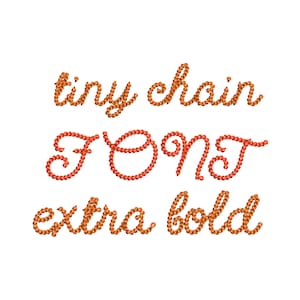 May include: A graphic design featuring the words "tiny chain font extra bold" in a decorative style. The text is rendered in a warm orange color, with each letter formed from small, connected beads, creating a unique, textured effect against a white background.