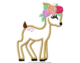 Little Baby deer Fawn with flowers floral crown roses Applique Design Baby Deer machine embroidery designs for hoop 4x4, 5x7, 6x10 for girls
