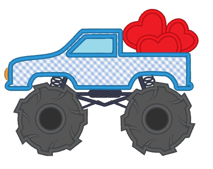 Valentine day monster truck love hearts,  hear truck  - machine embroidery designs - boy valentine  for hoop 4x4, 5x7 and 6x10