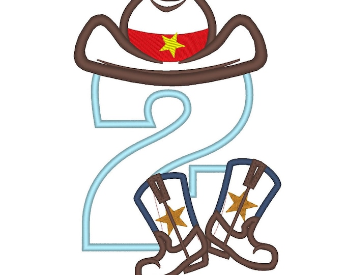 Cowboy Birthday number TWO 2 kicking boots number 2 machine embroidery applique designs for hoop 5x7, sizes 5 and 6 inches INSTANT DOWNLOAD