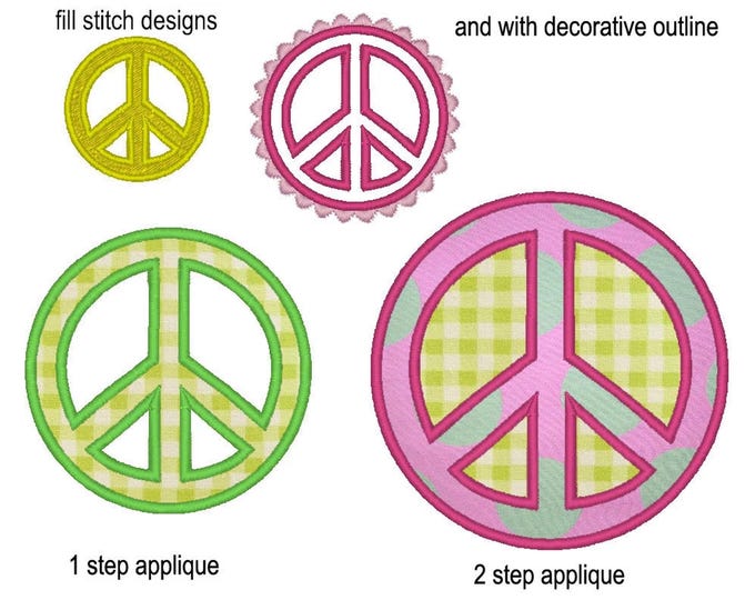 Peace Sign Applique and fill stitch machine embroidery designs multiple sizes for hoop 4x4, 5x7 and 6x10 inches