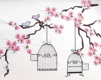 Cherry Blossom mini Flowers Birds and Cage impresionantes diseños de bordado de máquina rama de árbol floral para aro 4x4, 5x7 y 6x10 DESCARGA INSTANTE